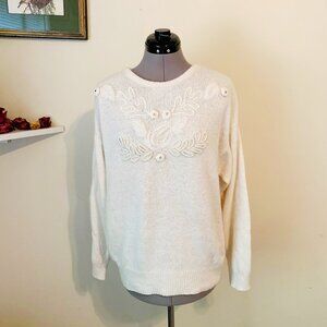 Vintage 90s Cream Rosette Beaded Sweater Size Large